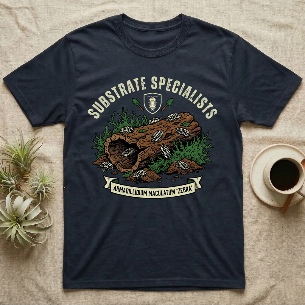 Zebra Isopod Substrate Specialists T-Shirt in Navy — Vintage crest of zebra isopods on a mossy cork log with crossed trowels and Armadillidium ribbon.