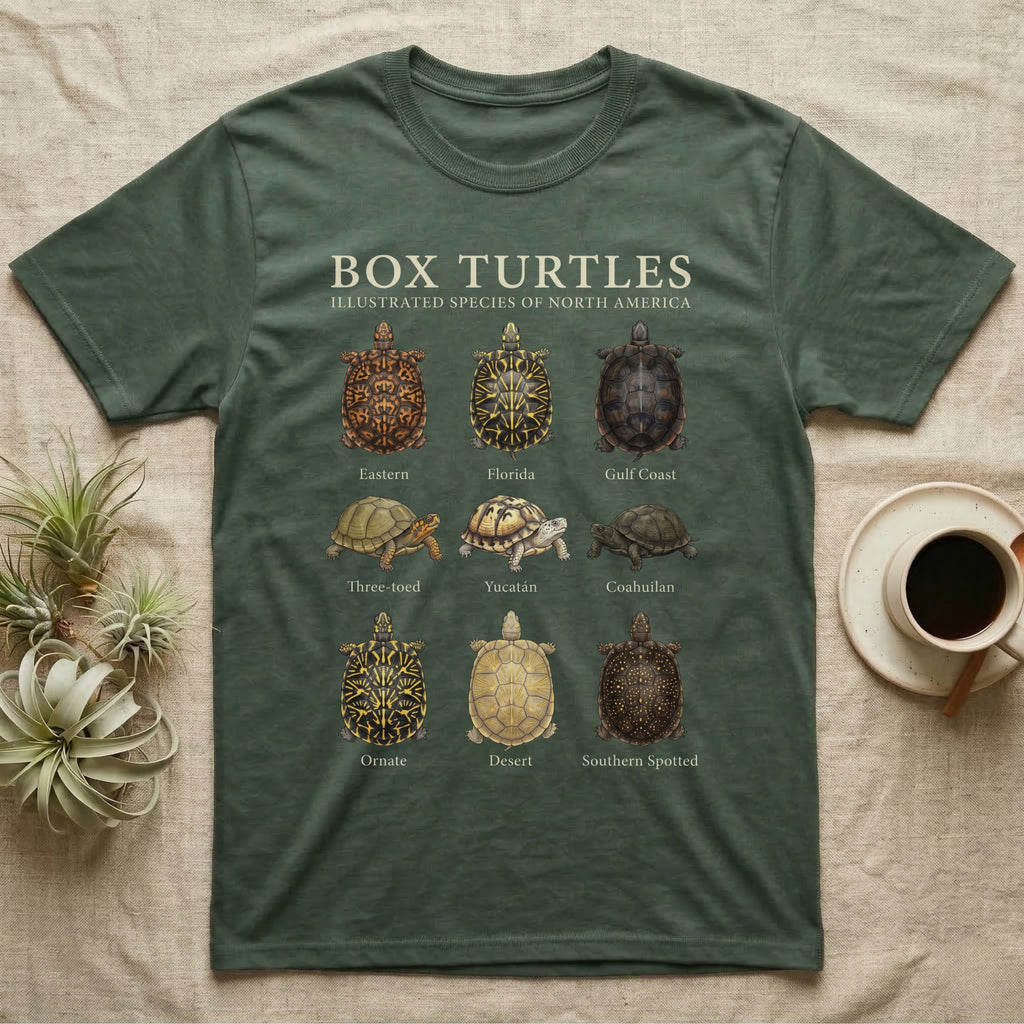 Box Turtle Chart T-Shirt in Military Green — Watercolour chart of nine named North American box turtles under a cream serif Box Turtles title