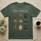 Box Turtle Chart T-Shirt in Military Green — Watercolour chart of nine named North American box turtles under a cream serif Box Turtles title