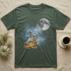 White's Tree Frog Moon Howl T-Shirt in Military Green — Three White's Tree Frog colour morphs howling at a full moon over a nebula on a dark grey t-shirt.