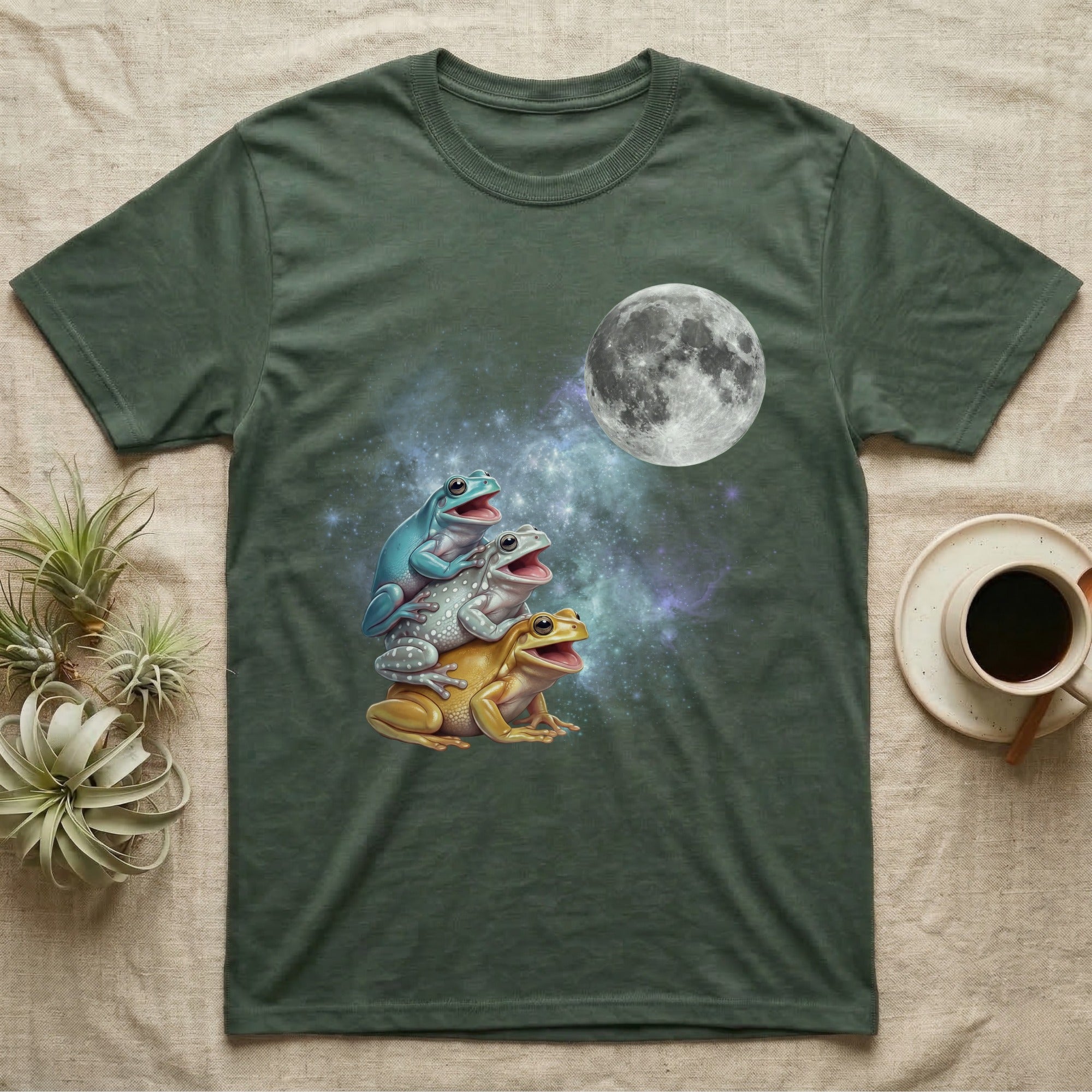 White's Tree Frog Moon Howl T-Shirt in Military Green — Three White's Tree Frog colour morphs howling at a full moon over a nebula on a dark grey t-shirt.