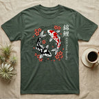 Green t-shirt with black and white koi fish and pink cherry blossoms.