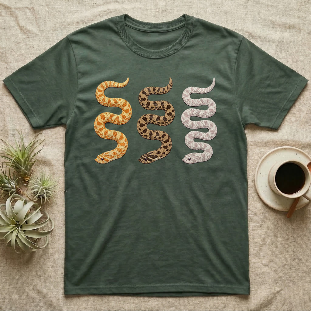 Hognose Morph Triptych T-Shirt in Military Green — Palette-knife painting of three western hognose snakes side by side, albino, anaconda and snow morphs.