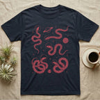 Corn Snake Cosmic T-Shirt in Navy — Vintage screen-print illustration of corn snakes in astronaut helmets floating in space, cosmic crimson monochromatic on dark background.