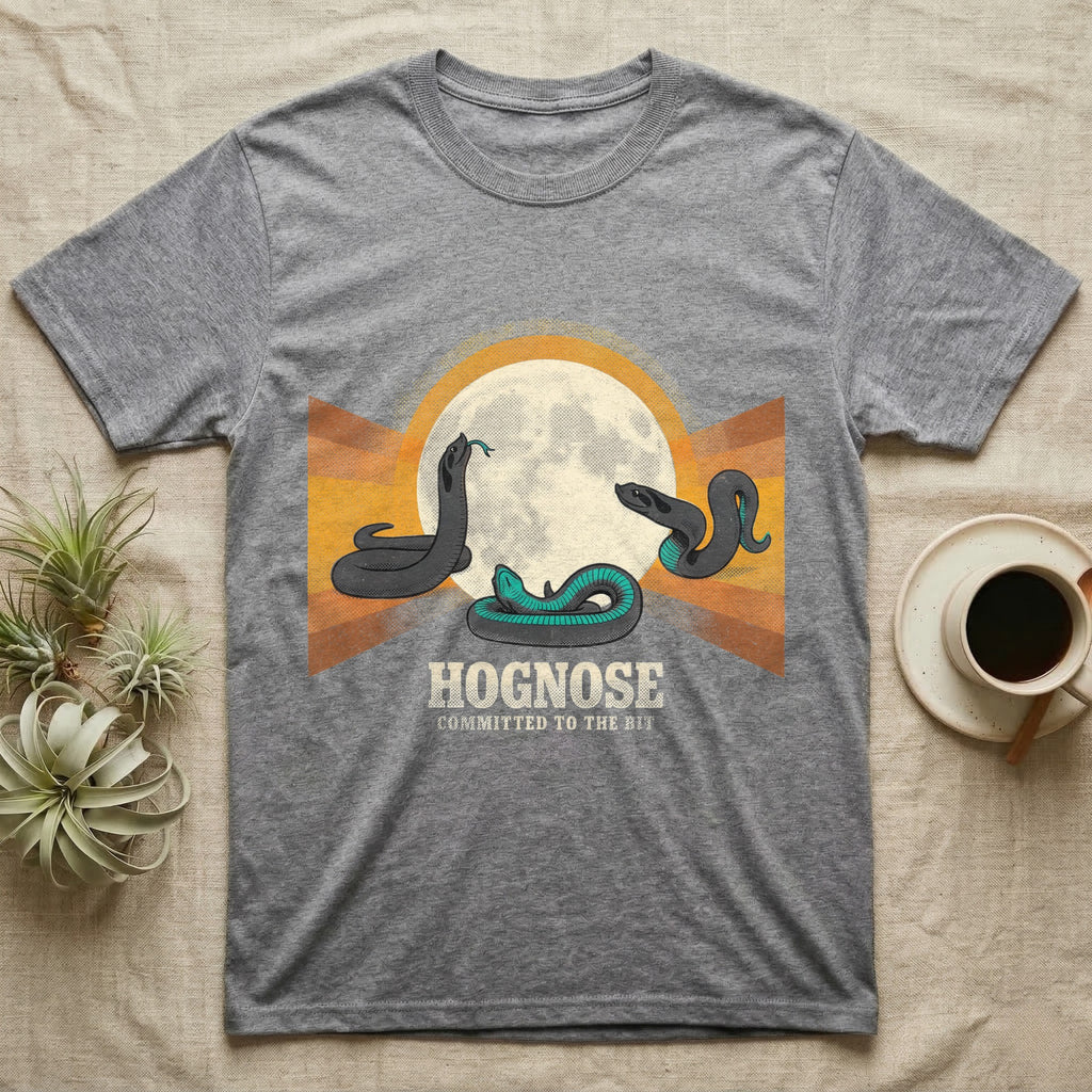 Three Hognose Moon Tee in Sport Grey — Retro-illustration of three western hognose snakes in distinct death-feign poses around a stratified halftone full moon.
