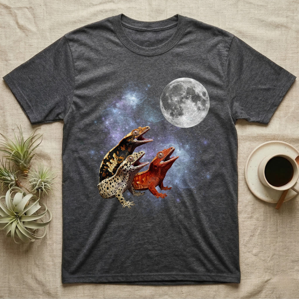 Crested Gecko Moon Howl T-Shirt in Dark Heather — Three Crested Gecko colour morphs howling at a full moon over a nebula on a dark grey t-shirt.