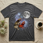 Crested Gecko Moon Howl T-Shirt in Dark Heather — Three Crested Gecko colour morphs howling at a full moon over a nebula on a dark grey t-shirt.