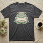 Tree Frog Deadpan T-Shirt in Dark Heather — Bold vector portrait of a White's tree frog with a flat deadpan expression and a naturally smiling mouth line.