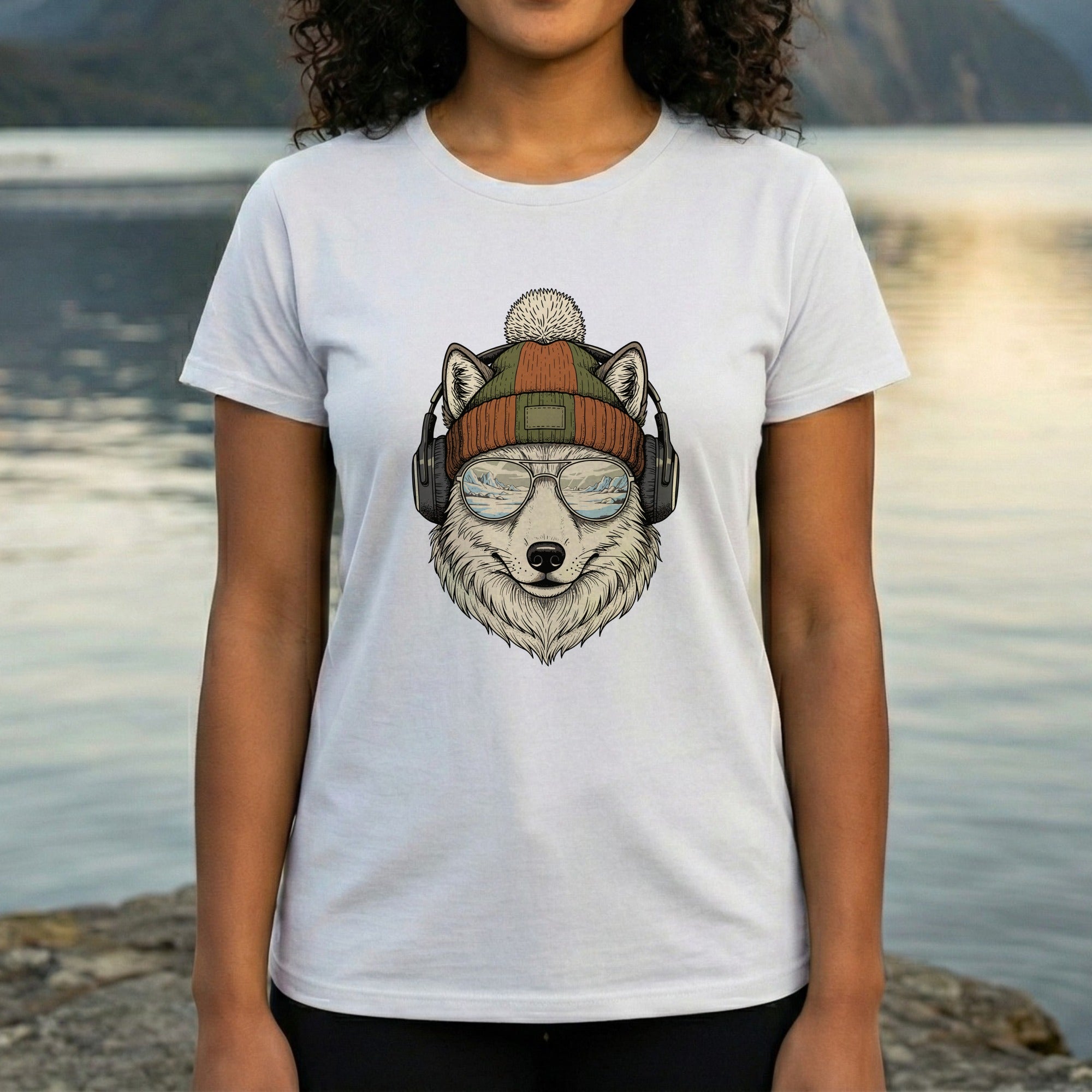 Cool Hipster Wolf with Beanie and Headphones T-Shirt