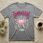 Axolotl Feral T-Shirt in Sport Grey — Smiling pink axolotl floating in a pastel underwater scene under a spiky hot-pink metal wordmark reading RESPAWNS.