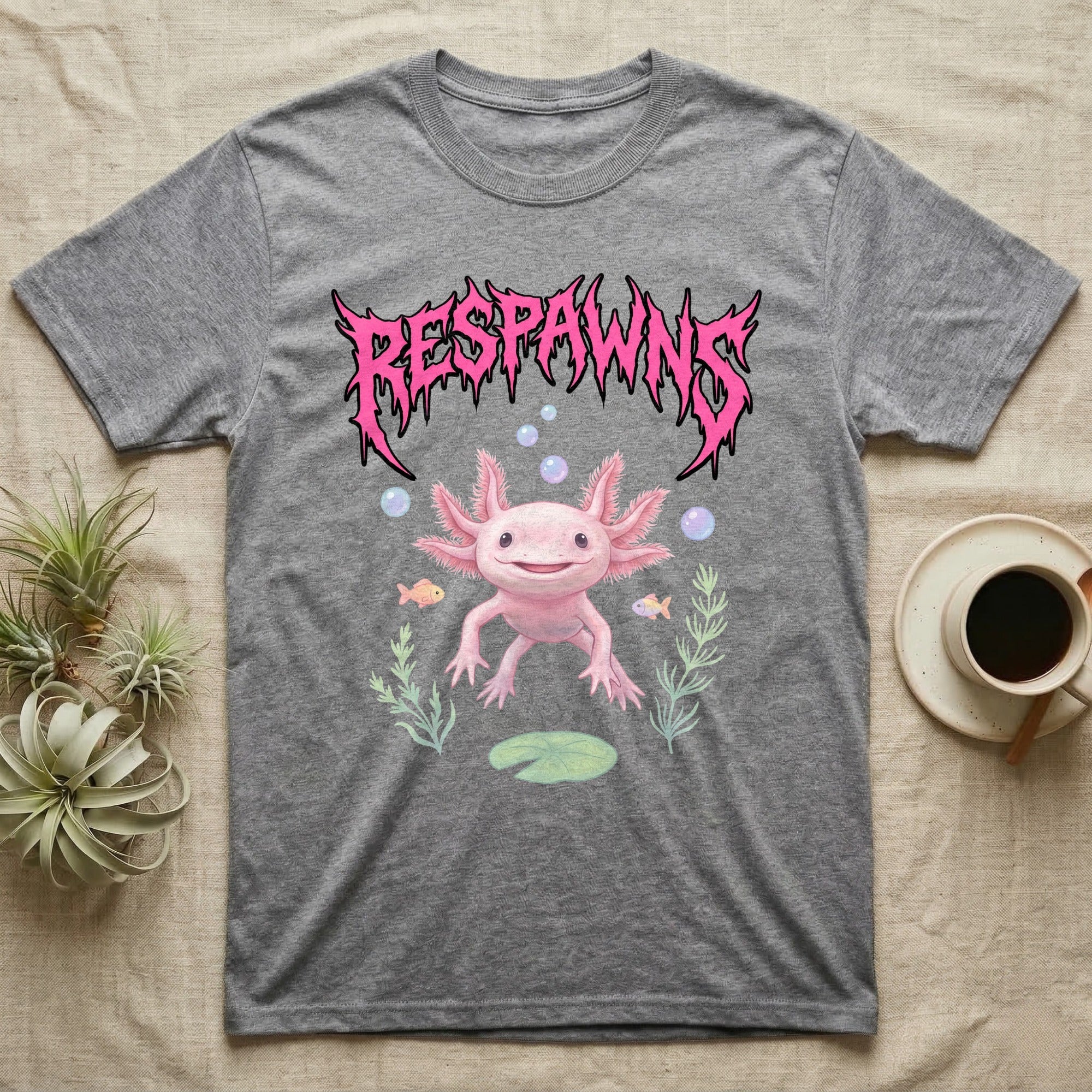 Axolotl Feral T-Shirt in Sport Grey — Smiling pink axolotl floating in a pastel underwater scene under a spiky hot-pink metal wordmark reading RESPAWNS.