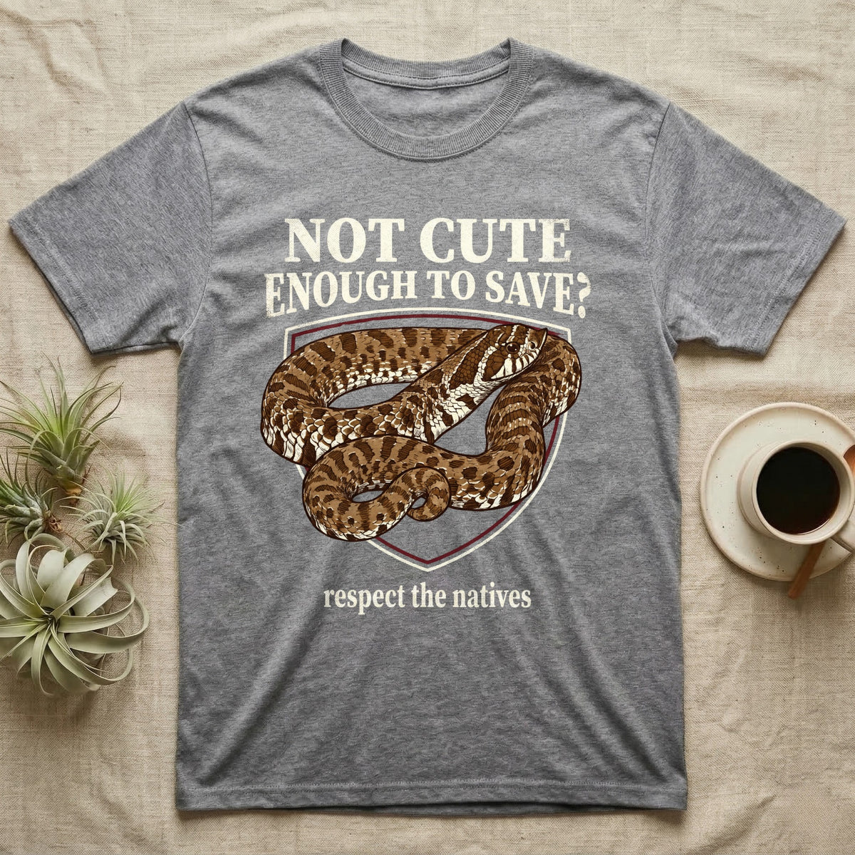 Hognose Snake Conservation T-Shirt in Sport Grey — Vintage-poster illustration of a western hognose snake portrait in a sepia crest with conservation banner text.