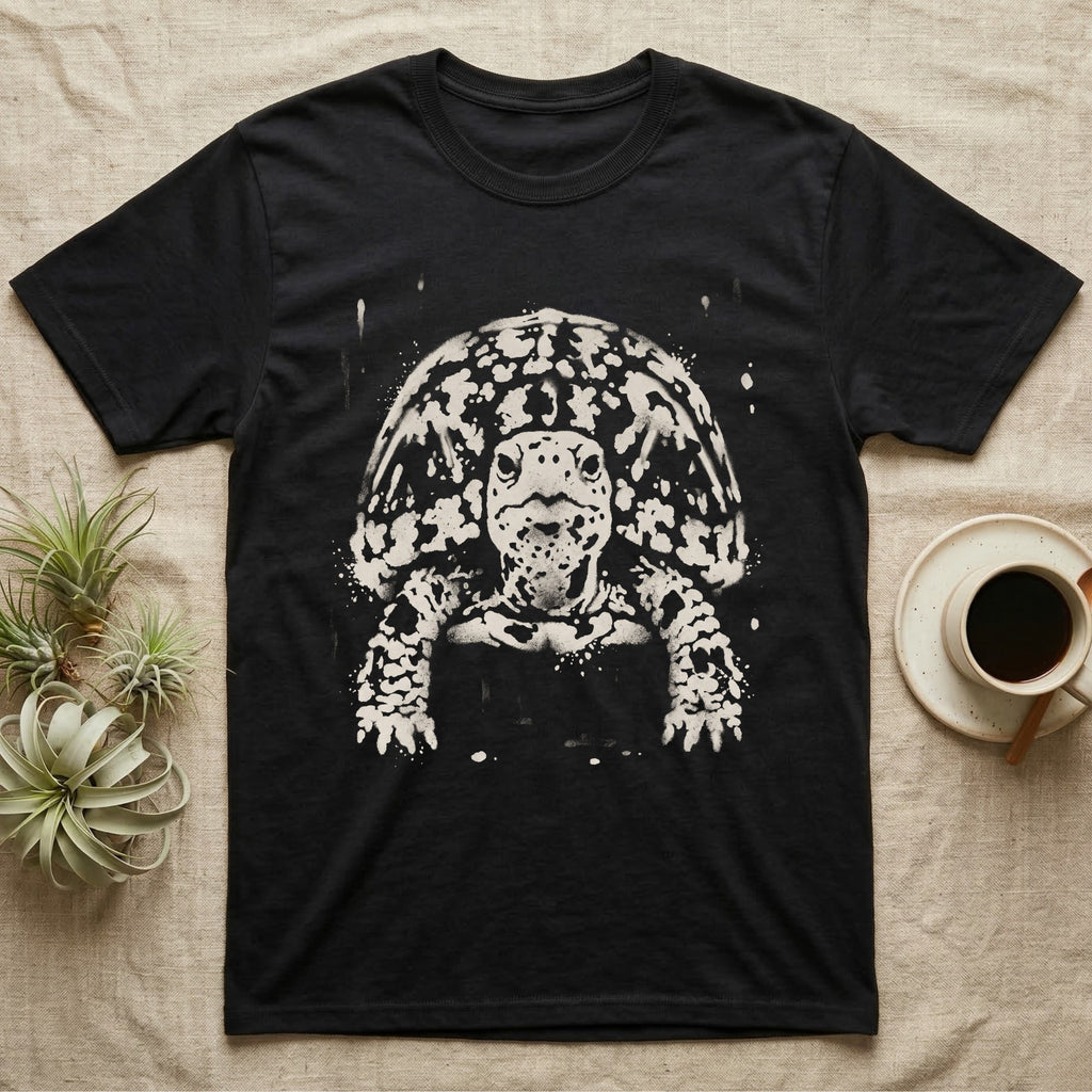 Eastern Box Turtle Bleach T-Shirt in Black — Eastern box turtle facing forward, its domed shell and legs emerging from pale bleach spatter on a black ground.