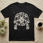 Eastern Box Turtle Bleach T-Shirt in Black — Eastern box turtle facing forward, its domed shell and legs emerging from pale bleach spatter on a black ground.