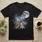 Blue-Tongued Skink Moon Howl T-Shirt in Black — Three Blue-Tongued Skink colour morphs howling at a full moon over a nebula on a dark grey t-shirt.