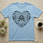 Light blue t-shirt with heart-shaped spider and nature graphic.