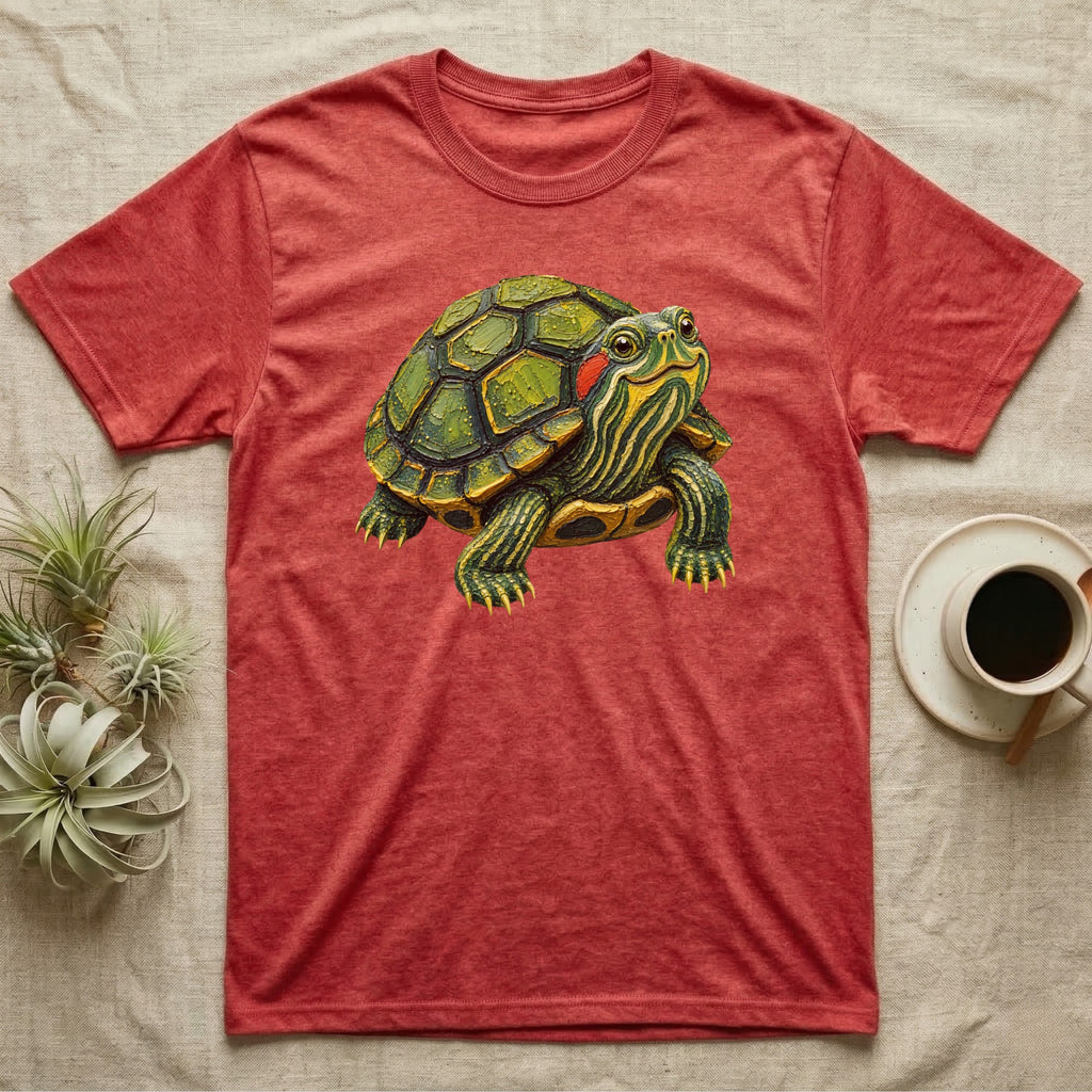 Red t-shirt with a watercolor-style painted turtle graphic.