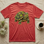 Red t-shirt with a watercolor-style painted turtle graphic.