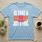 Frog Jack-O'-Lantern Illusion T-Shirt in Light Blue — Typographic graphic of an orange frog doubling as a jack-o'-lantern, "Is That a Pumpkin? Or Just a Frog."