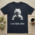 Bearded Dragon Photo T-Shirt in Navy — Black-and-white photo of a baby bearded dragon facing forward above the blackletter line i eat them alive
