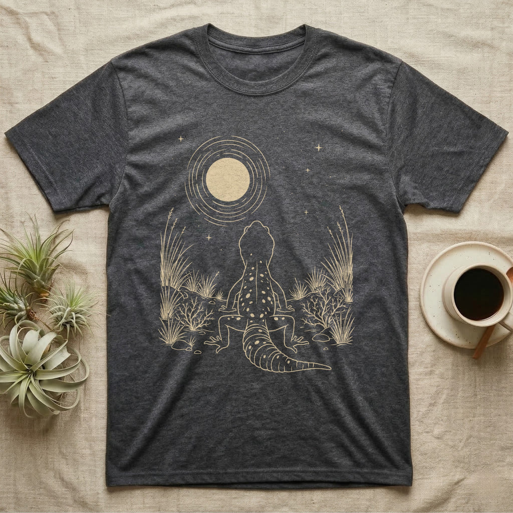 Leopard Gecko Moon T-Shirt in Dark Heather — Scratchboard illustration of a leopard gecko seen from behind, looking up at a scratched moon over dry grasses.