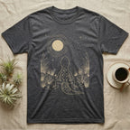 Leopard Gecko Moon T-Shirt in Dark Heather — Scratchboard illustration of a leopard gecko seen from behind, looking up at a scratched moon over dry grasses.