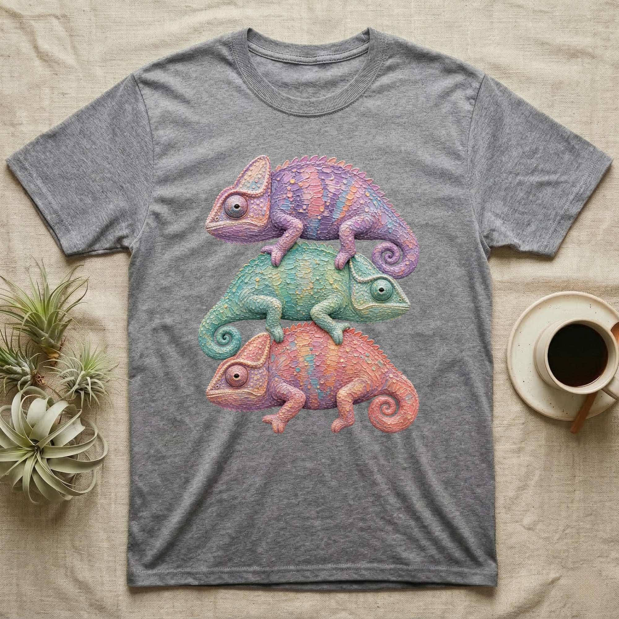 Three colorful chameleons stacked on a grey t-shirt.