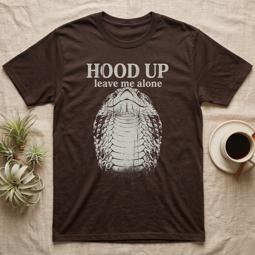 Hognose Hood Up T-Shirt in Dark Chocolate — Gritty white print of a western hognose reared up front-on with its neck flattened, under the words HOOD UP, leave me alone, on black