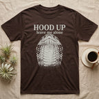 Hognose Hood Up T-Shirt in Dark Chocolate — Gritty white print of a western hognose reared up front-on with its neck flattened, under the words HOOD UP, leave me alone, on black