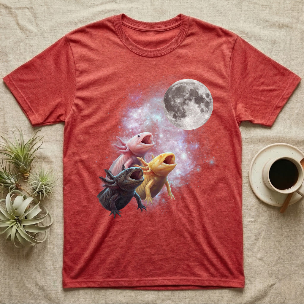 Axolotl Moon Howl T-Shirt in Heather Red — Three Axolotl colour morphs howling at a full moon over a nebula on a dark grey t-shirt.