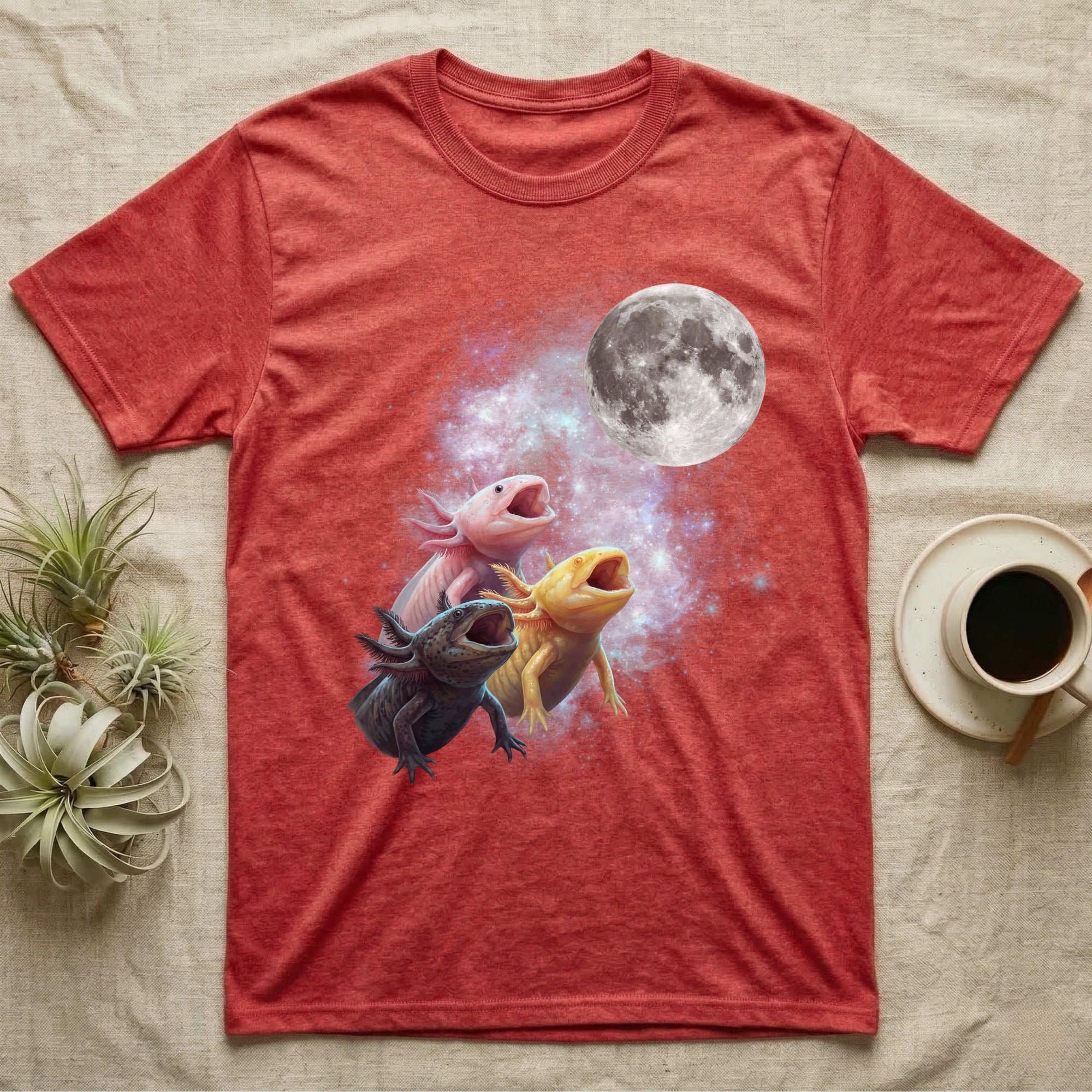 Axolotl Moon Howl T-Shirt in Heather Red — Three Axolotl colour morphs howling at a full moon over a nebula on a dark grey t-shirt.