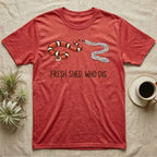 Milk Snake Shed T-Shirt in Heather Red — Glossy red, black and white milk snake with its tail still in its translucent shed skin above the words FRESH SHED, WHO DIS