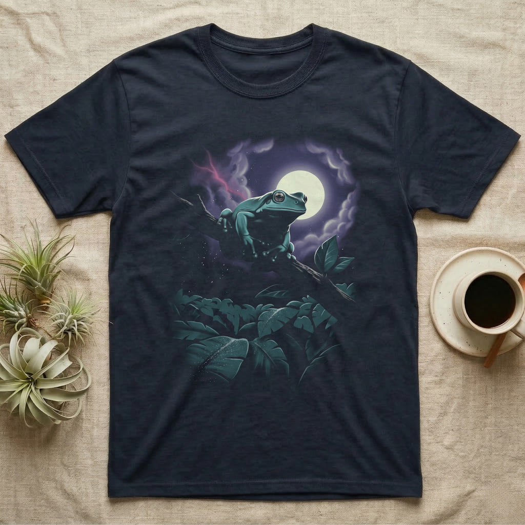 White's Tree Frog Moonlit T-Shirt in Navy — Airbrushed night scene of a White's tree frog leaping up through moonlit canopy leaves toward a full moon.