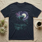 White's Tree Frog Moonlit T-Shirt in Navy — Airbrushed night scene of a White's tree frog leaping up through moonlit canopy leaves toward a full moon.