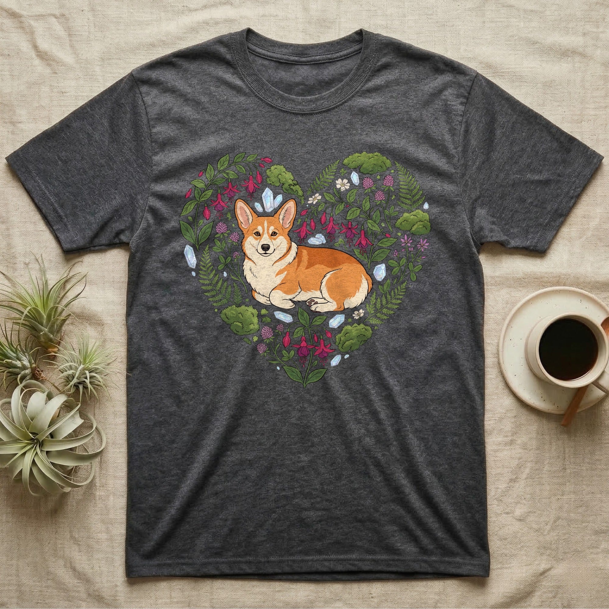 Dark gray t-shirt with a corgi in a heart-shaped floral and crystal design.