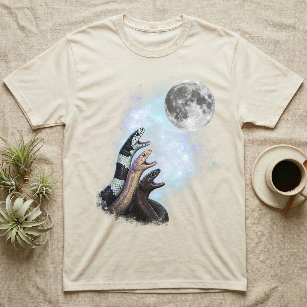 California Kingsnake Moon Howl T-Shirt in Natural — Three California Kingsnake colour morphs howling at a full moon over a nebula on a dark grey t-shirt.