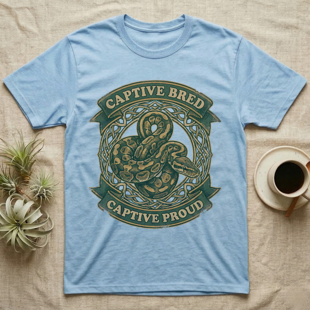 Ball Python Breeder Crest T-Shirt in Light Blue — Vintage heraldic crest of a coiled morph ball python with captive bred captive proud banner text.