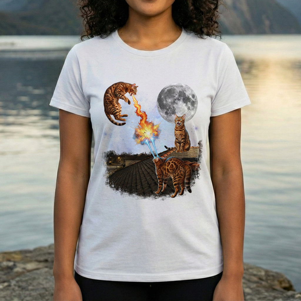 Fantasy Cat Battle Under Full Moon T-Shirt