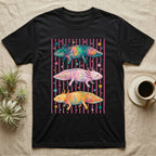 Axolotl Colourways Candy Stripe T-Shirt in Black — Three gouache axolotls stacked in bands on pink candy stripes, facing left, right and left, with scattered stars