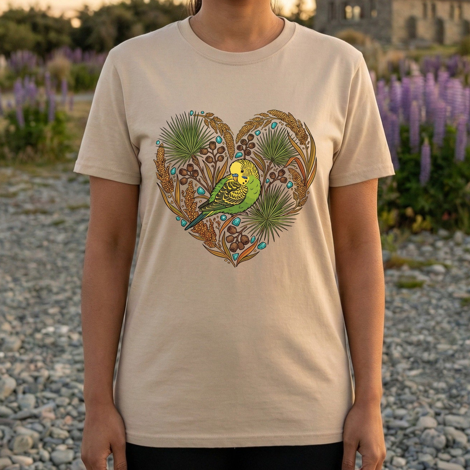 Heart Shaped Budgie Graphic Nature Inspired T-Shirt