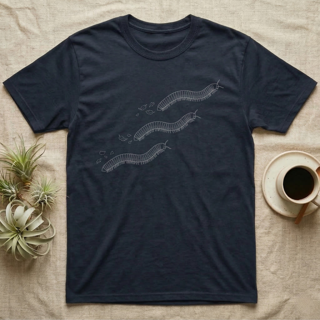Giant African Millipede Procession T-Shirt in Navy — Pen-and-ink line illustration of three giant African millipedes travelling in step on a rising diagonal.