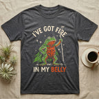 Fire-Bellied Toad Knight T-Shirt in Dark Heather — Fire-bellied toad knight with green cape, orange belly and a cricket on a twig spear, lettered I'VE GOT FIRE IN MY BELLY