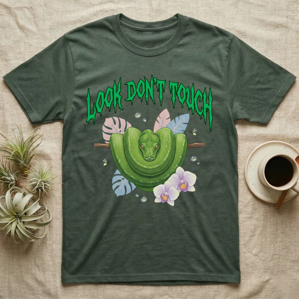 Green Tree Python Feral T-Shirt in Military Green — Green tree python in a saddle coil on a branch under a jagged emerald metal "LOOK DON'T TOUCH" wordmark and orchids.