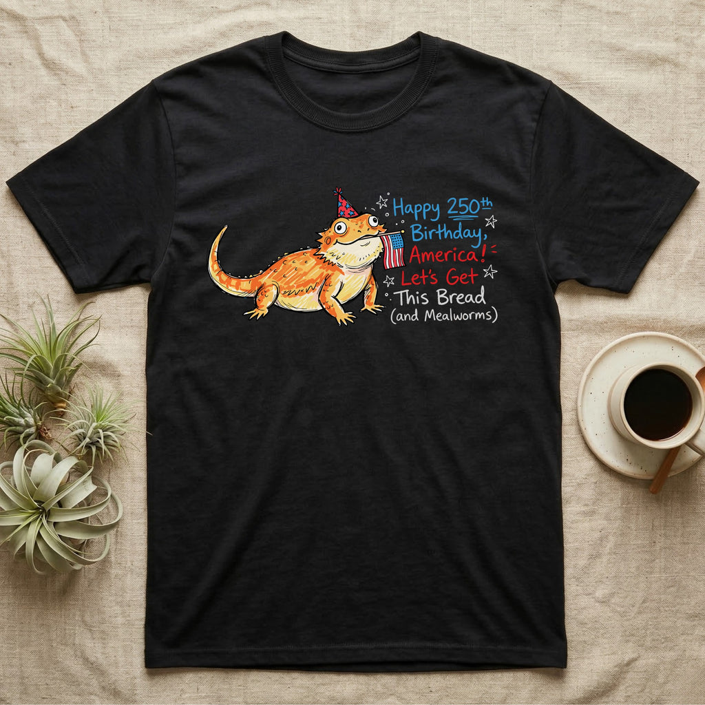 Bearded Dragon Birthday T-Shirt in Black — Sketch-style bearded dragon in a party hat holding a flag with handwritten text Happy 250th Birthday, America.
