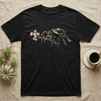 Jumping Spider Blossom T-Shirt in Black — Watercolor illustration of a black regal jumping spider with iridescent eyes holding a tiny wildflower sprig, on a dark grey t-shirt.
