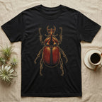 Dorsal-view illustration of a rhinoceros beetle with a forked amber horn and rust-red elytra in bold vintage comic ink line and halftone shading, no on-shirt text. — shown on a Black tee.