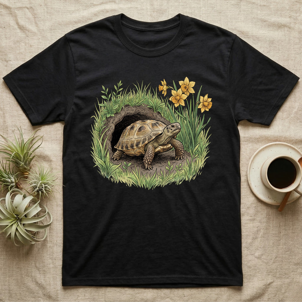 Russian Tortoise Spring T-Shirt in Black — Botanical illustration of a Russian tortoise stepping into spring grass framed by daffodils and early shoots.