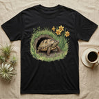 Russian Tortoise Spring T-Shirt in Black — Botanical illustration of a Russian tortoise stepping into spring grass framed by daffodils and early shoots.
