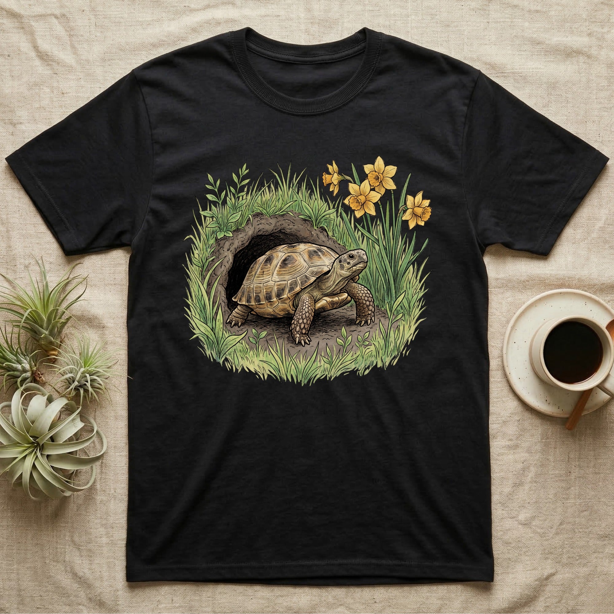 Russian Tortoise Spring T-Shirt in Black — Botanical illustration of a Russian tortoise stepping into spring grass framed by daffodils and early shoots.