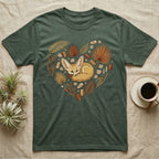 Green t-shirt with a fennec fox in a heart-shaped floral design.
